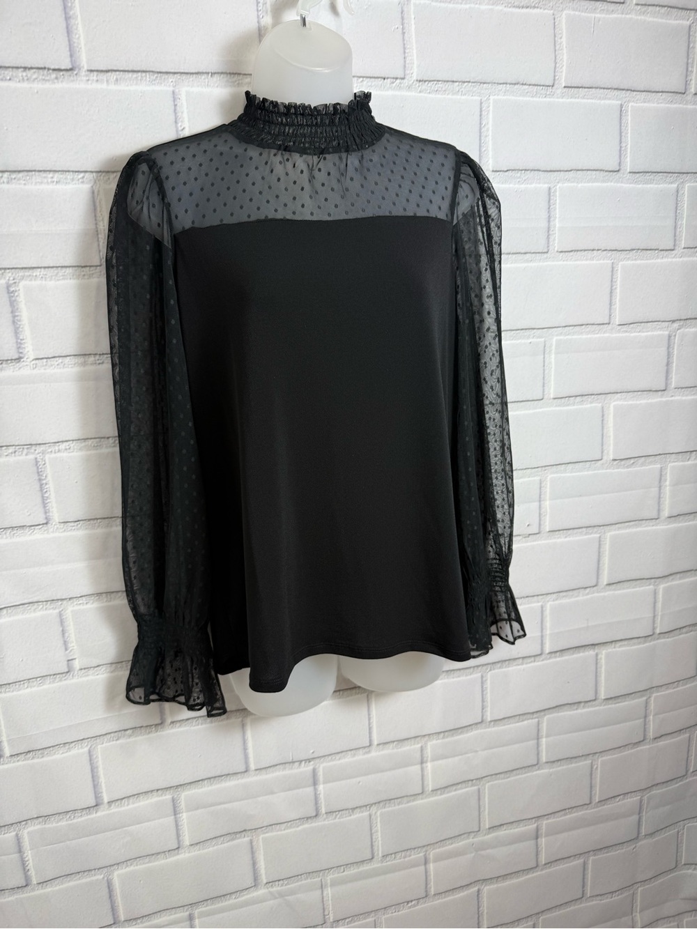 Adrianna Papell Black Swiss Dot Mesh Smocked Mock Neck whimsigoth Blouse Size M - Picture 2 of 8